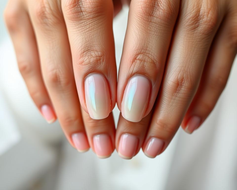 A close-up of a well-manicured set of hands, showcasing the glossy, vibrant sheen of a hybrid nail polish. The nails are elegantly shaped, with a natural yet refined appearance. The lighting is soft and diffused, highlighting the subtle textures and reflections of the nailbed and cuticles. The background is slightly blurred, creating a sense of depth and focus on the hands themselves. The overall composition conveys a sense of luxurious self-care, with the hybrid manicure as the central focal point. A close-up of a well-manicured set of hands, showcasing the glossy, vibrant sheen of a hybrid nail polish. The nails are elegantly shaped, with a natural yet refined appearance. The lighting is soft and diffused, highlighting the subtle textures and reflections of the nailbed and cuticles. The background is slightly blurred, creating a sense of depth and focus on the hands themselves. The overall composition conveys a sense of luxurious self-care, with the hybrid manicure as the central focal point.