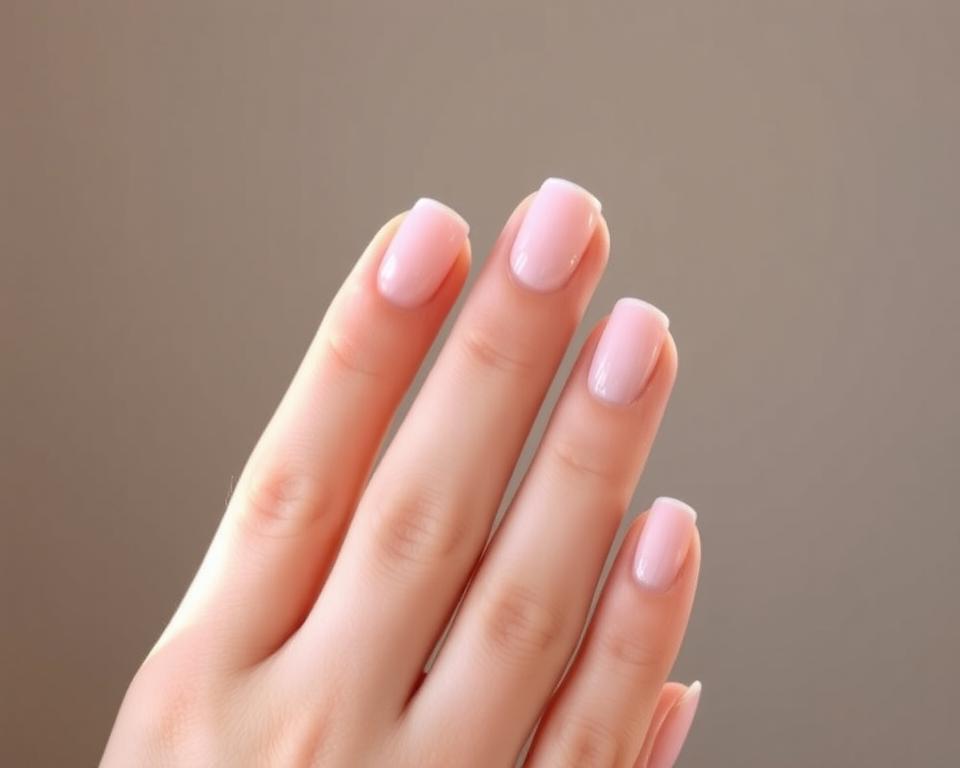 A close-up shot of a manicured hand, showcasing pastel-colored hybrid nails against a soft, muted background. The nails are neatly trimmed, with a smooth, satin-like finish. Gentle lighting casts a warm, flattering glow, highlighting the delicate details of the nailbed and cuticles. The fingertips are posed elegantly, conveying a sense of care and attention to nail maintenance. The overall mood is serene, elegant, and feminine, reflecting the article's focus on the proper care and upkeep of pastel hybrid manicures.
