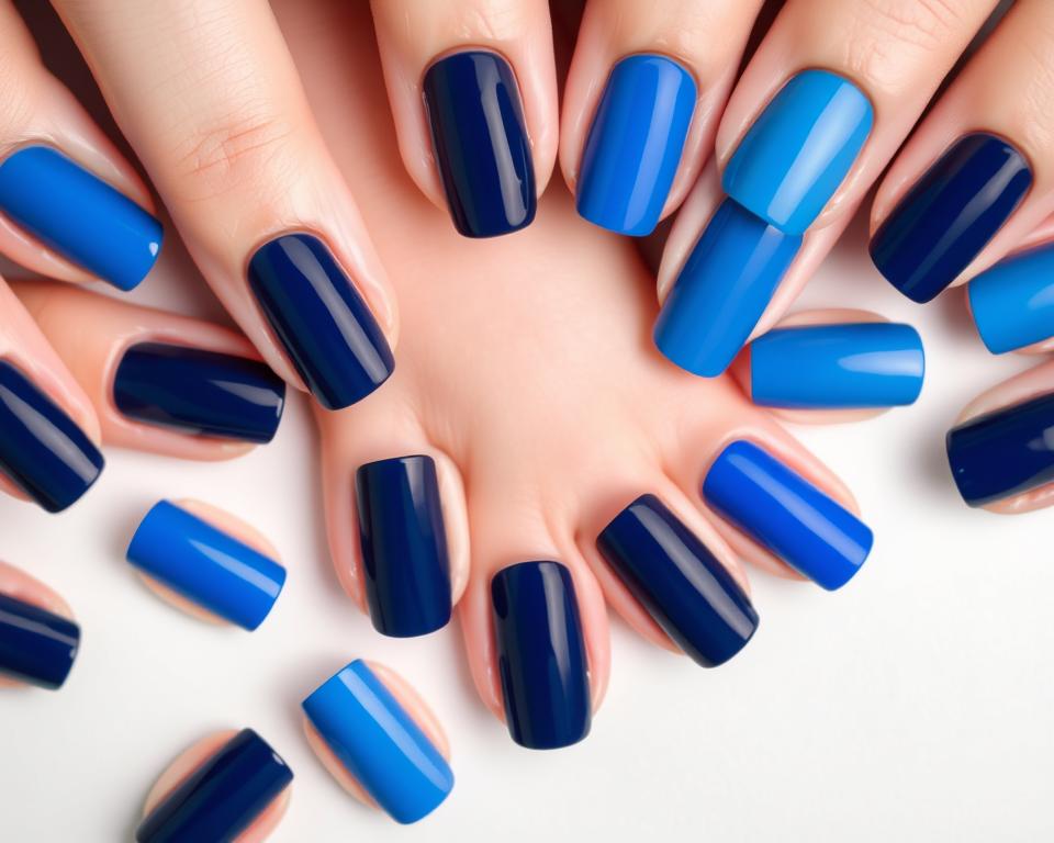 A close-up shot of different shades of navy blue nail polish, ranging from deep indigo to lighter cerulean hues. The nails are arranged in a visually striking pattern, with each nail showcasing a unique variation of the blue tones. The lighting is soft and diffused, creating a sense of depth and dimension. The background is a neutral, minimalist setting that allows the vibrant nail colors to take center stage. The overall composition is elegant, sophisticated, and inviting, reflecting the essence of the "Jak wybrać idealny odcień granatu?" section. A close-up shot of different shades of navy blue nail polish, ranging from deep indigo to lighter cerulean hues. The nails are arranged in a visually striking pattern, with each nail showcasing a unique variation of the blue tones. The lighting is soft and diffused, creating a sense of depth and dimension. The background is a neutral, minimalist setting that allows the vibrant nail colors to take center stage. The overall composition is elegant, sophisticated, and inviting, reflecting the essence of the "Jak wybrać idealny odcień granatu?" section.