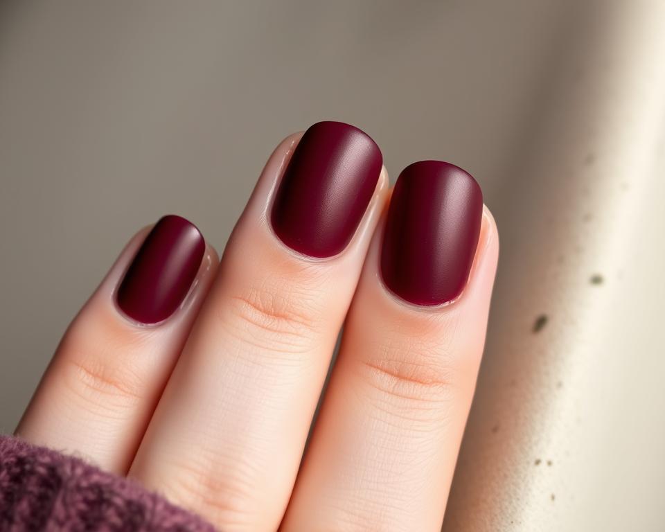 A close-up shot of perfectly manicured burgundy nails, the matte finish catching the soft, diffused lighting. The cuticles are neatly groomed, and the nails are shaped into elegant, rounded tips. The subtle sheen of the burgundy hue creates a sophisticated, understated elegance. In the background, a blurred, neutral-toned surface provides a minimalist, calming backdrop, allowing the focus to remain solely on the stunning burgundy nails. The composition is well-balanced, with the nails occupying the central frame, showcasing their natural beauty and the care taken in their upkeep. A close-up shot of perfectly manicured burgundy nails, the matte finish catching the soft, diffused lighting. The cuticles are neatly groomed, and the nails are shaped into elegant, rounded tips. The subtle sheen of the burgundy hue creates a sophisticated, understated elegance. In the background, a blurred, neutral-toned surface provides a minimalist, calming backdrop, allowing the focus to remain solely on the stunning burgundy nails. The composition is well-balanced, with the nails occupying the central frame, showcasing their natural beauty and the care taken in their upkeep.
