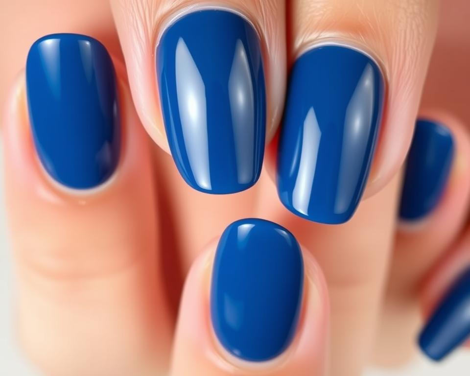 A close-up shot of vibrant navy blue hybrid nails, capturing their glossy, well-groomed appearance. The nails are carefully shaped, with a subtle almond-like curve, showcasing the benefits of hybrid manicures - their long-lasting shine, durable structure, and natural-looking finish. The lighting is soft and diffused, creating gentle shadows that accentuate the nails' smooth, even surface. The background is subtly out of focus, allowing the nails to take center stage and highlight their inherent advantages over traditional nail polish. A close-up shot of vibrant navy blue hybrid nails, capturing their glossy, well-groomed appearance. The nails are carefully shaped, with a subtle almond-like curve, showcasing the benefits of hybrid manicures - their long-lasting shine, durable structure, and natural-looking finish. The lighting is soft and diffused, creating gentle shadows that accentuate the nails' smooth, even surface. The background is subtly out of focus, allowing the nails to take center stage and highlight their inherent advantages over traditional nail polish.