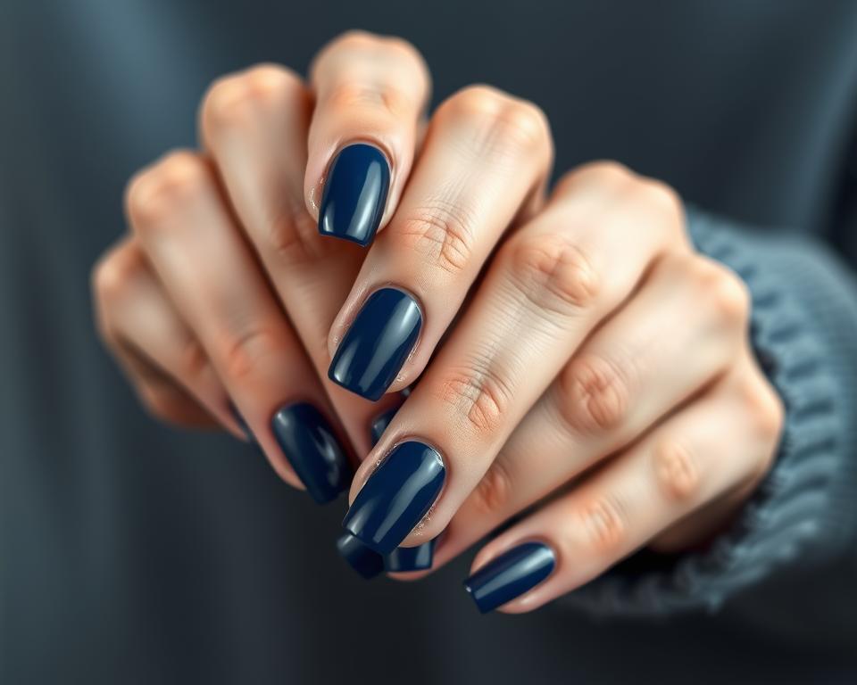 A close-up view of well-manicured nails painted in a rich, dark blue hue. The nails are meticulously groomed, with a smooth, glossy finish that catches the light, creating a subtle sheen. The hands are positioned in a relaxed, natural pose, against a softly blurred, muted background that emphasizes the focus on the nails. Gentle, directional lighting casts subtle shadows, accentuating the depth and texture of the nail polish. The overall mood is one of refinement, elegance, and attention to detail, perfectly reflecting the care and maintenance required for beautifully polished, deep blue nails.