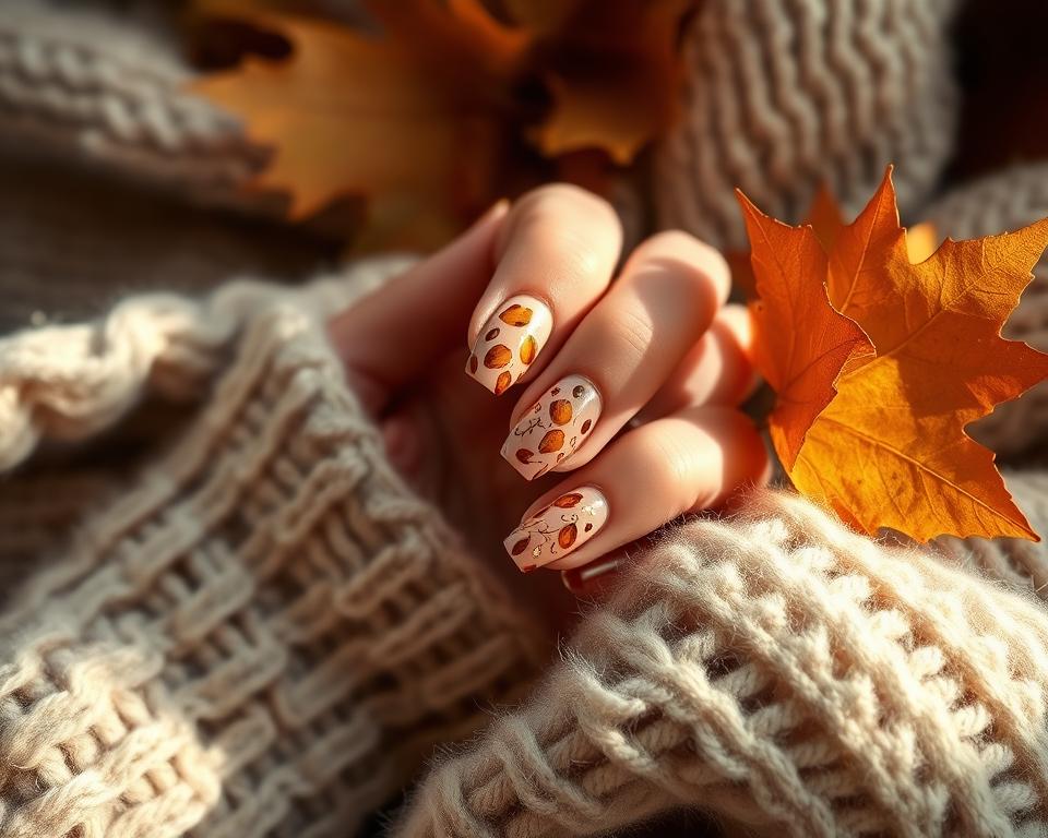 A cozy autumn scene showcasing a manicured hand with intricate hybrid nail art. The nails feature delicate patterns in shades of warm brown, orange, and gold, reminiscent of falling leaves. The hand is resting against a soft, textured background, perhaps a plush sweater or blanket, bathed in gentle, diffused lighting. The composition emphasizes the artistry and attention to detail in the manicure, capturing the essence of the "techniki manicure idealne na jesień" (Autumn manicure techniques). The image conveys a sense of comfort, coziness, and the transitional beauty of the fall season. A cozy autumn scene showcasing a manicured hand with intricate hybrid nail art. The nails feature delicate patterns in shades of warm brown, orange, and gold, reminiscent of falling leaves. The hand is resting against a soft, textured background, perhaps a plush sweater or blanket, bathed in gentle, diffused lighting. The composition emphasizes the artistry and attention to detail in the manicure, capturing the essence of the "techniki manicure idealne na jesień" (Autumn manicure techniques). The image conveys a sense of comfort, coziness, and the transitional beauty of the fall season.