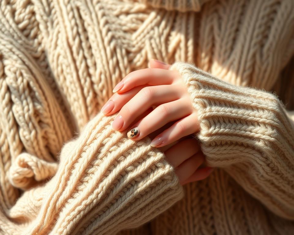 A cozy, hand-knit sweater with intricate cable patterns, against a soft, neutral-toned background. The sweater's texture and stitches are captured in vivid detail, highlighting the warmth and artistry of the design. Delicate, manicured hands with perfectly coordinated nail art, featuring miniature sweater motifs in muted, earthy tones, rest gently on the sweater's surface. Natural lighting softly illuminates the scene, creating a serene and intimate atmosphere. The composition emphasizes the harmonious integration of fashion and beauty, inviting the viewer to be inspired by the elegance of this artistic pairing.