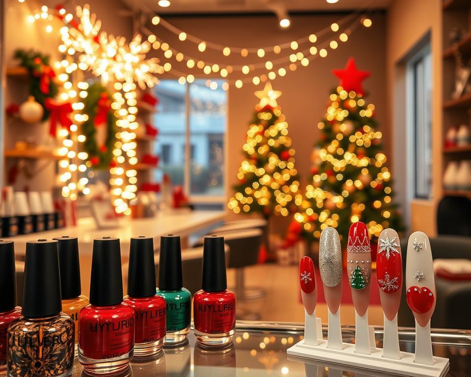 A cozy, well-lit Christmas-themed nail salon interior. The foreground features an elegant display of hybrid nail polish bottles in festive holiday colors - deep reds, greens, golds, and silvers. In the middle ground, a manicure station is set up with intricate nail art designs on display, showcasing delicate snowflakes, miniature Christmas trees, and shimmering accents. The background depicts a warm, inviting ambiance with string lights and a festively decorated Christmas tree, casting a soft, magical glow throughout the space. The overall mood is one of holiday inspiration and creativity, inviting the viewer to imagine the endless possibilities for their own Christmas-inspired hybrid nail designs.