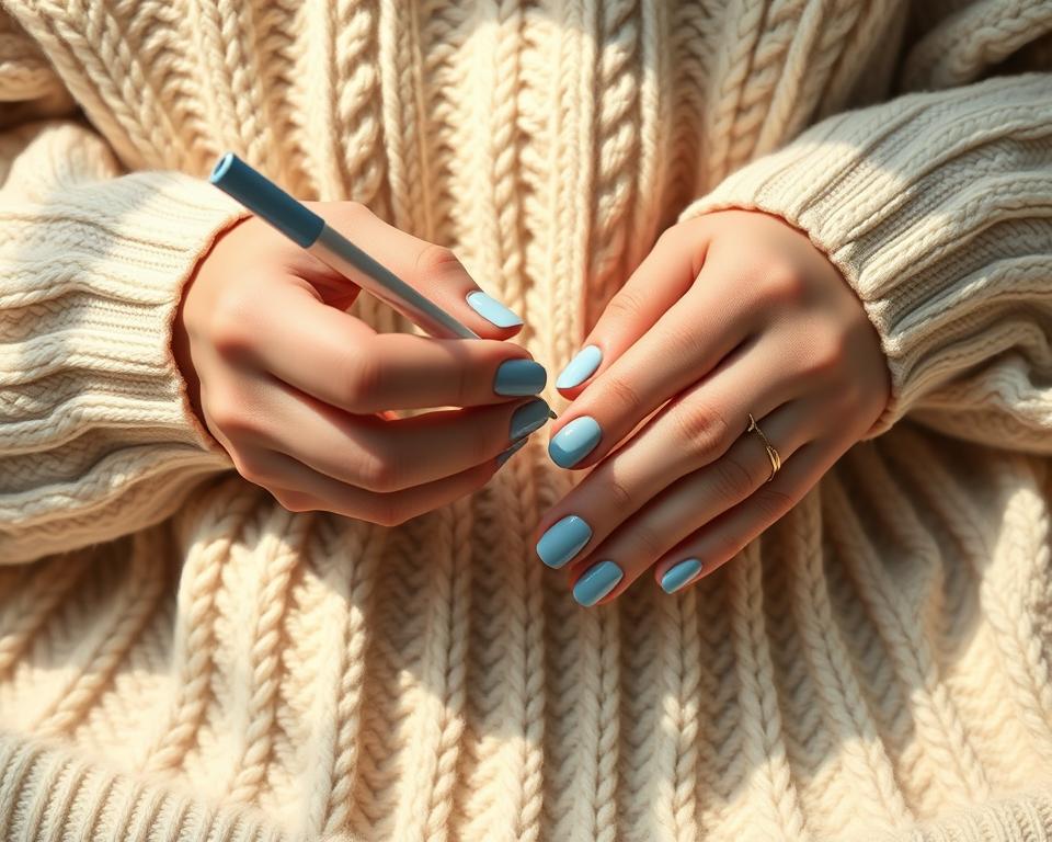 A cozy, well-lit close-up of a person's hands carefully painting their neatly manicured fingernails with a light blue, sweater-patterned nail polish. The hands are resting on a soft, cream-colored knitted fabric, creating a comforting, tactile backdrop. The lighting is warm and gentle, casting subtle shadows that accentuate the texture of the sweater and the details of the nail painting process. The composition is balanced, with the hands positioned centrally and filling the frame, drawing the viewer's attention to the delicate, meticulous task at hand. An atmosphere of relaxation and attention to detail pervades the scene.