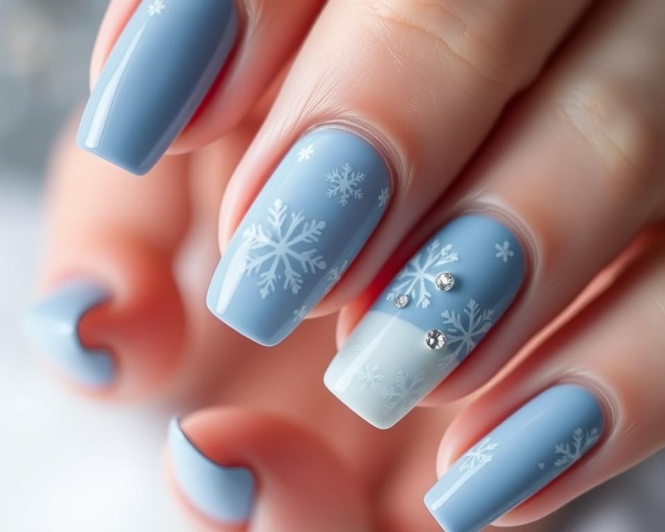A detailed close-up of a winter manicure in cool shades of blue and white, shot with a macro lens in soft, diffused lighting. The nails are elegantly shaped with a glossy finish, adorned with intricate snowflake patterns and sparkling crystal accents. The composition focuses on the hands, capturing the delicate details and textures of the nails against a subtly blurred background, conveying a sense of quiet refinement and the enchanting beauty of the winter season. A detailed close-up of a winter manicure in cool shades of blue and white, shot with a macro lens in soft, diffused lighting. The nails are elegantly shaped with a glossy finish, adorned with intricate snowflake patterns and sparkling crystal accents. The composition focuses on the hands, capturing the delicate details and textures of the nails against a subtly blurred background, conveying a sense of quiet refinement and the enchanting beauty of the winter season.