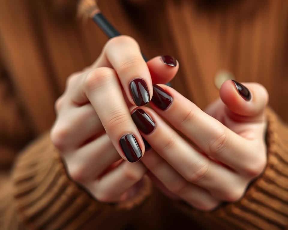 A detailed close-up of well-manicured hands carefully applying dark, rich brown nail polish. The nails are in perfect shape, with a glossy, even finish. The lighting is soft and diffused, creating a warm, autumnal atmosphere. The hands are positioned in a natural, relaxed pose, showcasing the nails against a minimalist, out-of-focus background. The image conveys a sense of self-care, attention to detail, and the comforting embrace of the fall season. A detailed close-up of well-manicured hands carefully applying dark, rich brown nail polish. The nails are in perfect shape, with a glossy, even finish. The lighting is soft and diffused, creating a warm, autumnal atmosphere. The hands are positioned in a natural, relaxed pose, showcasing the nails against a minimalist, out-of-focus background. The image conveys a sense of self-care, attention to detail, and the comforting embrace of the fall season.