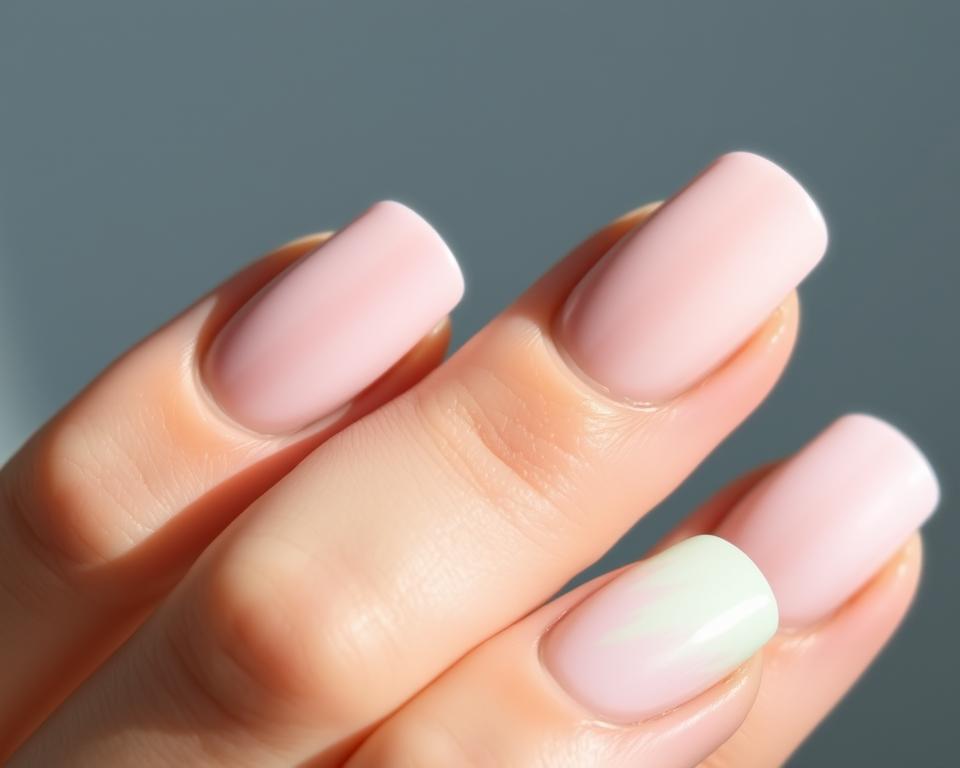 A pastel-colored hybrid manicure, showcased in close-up. The nails have a soft, matte finish, with delicate brush strokes of pale pink, lavender, and mint green. The lighting is natural and diffused, creating a serene, ethereal atmosphere. The composition emphasizes the intricate details of the nail art, captured at a slight angle to highlight the subtle textures and patterns. The background is blurred, placing the focus entirely on the elegantly executed hybrid manicure technique.