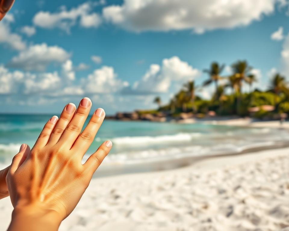 A relaxing summer scene of a woman's hands receiving a professional manicure on the beach. In the foreground, we see her fingers being gently buffed and polished, with sun-kissed skin and a radiant, polished nail finish. The middle ground features a tranquil seaside setting, with soft white sand, gentle waves lapping the shore, and a vibrant blue sky dotted with fluffy white clouds. In the background, a picturesque coastal landscape with swaying palm trees and lush greenery completes the serene, vacation-inspired atmosphere. Warm, natural lighting casts a golden glow over the entire scene, highlighting the care and attention given to the woman's nail pampering session.