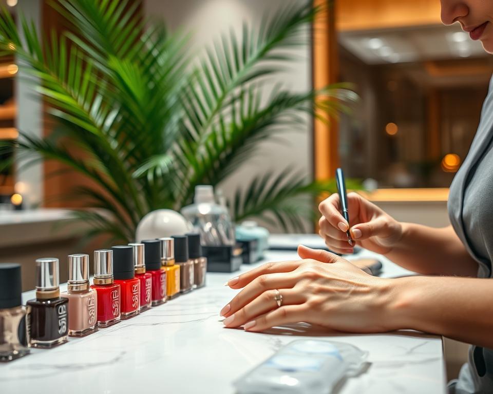 A serene and sophisticated salon setting, with a professional manicurist carefully shaping and polishing a client's nails. Soft, warm lighting creates a relaxing ambiance, casting a gentle glow on the various nail polish bottles and manicure tools arranged neatly on a sleek, marble-topped counter. In the background, a lush, tropical plant adds a touch of natural elegance, while the client's hands are framed in a tight, focused composition, showcasing the intricate, high-quality work. The overall scene evokes a sense of pampering and indulgence, perfectly capturing the essence of a luxurious vacation manicure experience.