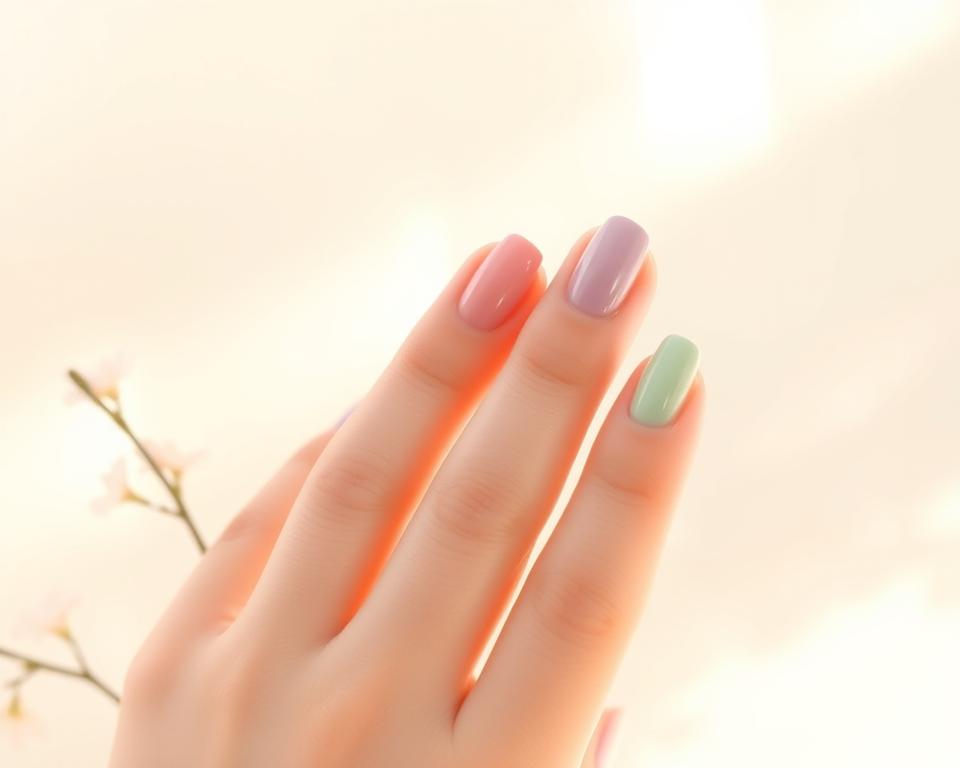 A serene pastel manicure set against a soft, dreamy background. Delicate, polished nails in muted shades of pink, lavender, and mint green, gently illuminated by warm, diffused lighting. The nails are arranged in a natural, organic composition, capturing the essence of the transitional spring season. Subtle reflections and a hazy, atmospheric depth of field create a sense of tranquility and renewal. The image conveys a soothing, contemplative mood, perfectly complementing the article's focus on pastel hybrid manicures for the changing seasons.