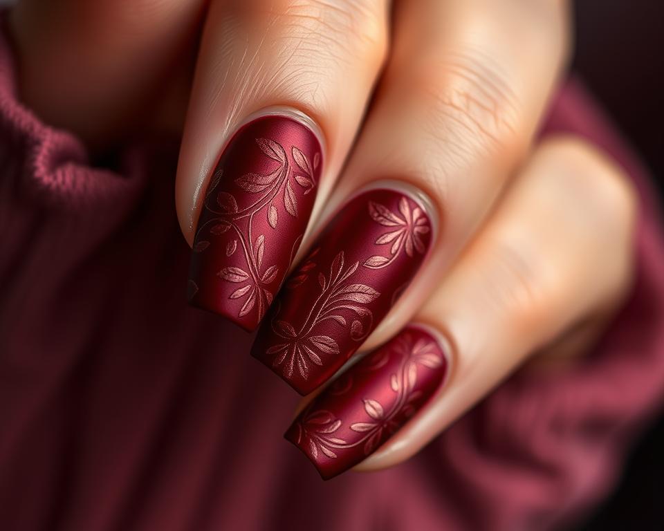 A sophisticated burgundy manicure with intricate floral patterns delicately embossed on a matte base. Illuminated by warm, diffused lighting, the nails elegantly showcase a harmonious blend of deep crimson and subtle hints of gold. The overall composition exudes a sense of refined elegance, perfectly capturing the essence of the "Inspiracje bordowe paznokcie wzory" theme. The image is shot in a close-up, high-resolution format to highlight the meticulous details and textures of the nail design. A sophisticated burgundy manicure with intricate floral patterns delicately embossed on a matte base. Illuminated by warm, diffused lighting, the nails elegantly showcase a harmonious blend of deep crimson and subtle hints of gold. The overall composition exudes a sense of refined elegance, perfectly capturing the essence of the "Inspiracje bordowe paznokcie wzory" theme. The image is shot in a close-up, high-resolution format to highlight the meticulous details and textures of the nail design.