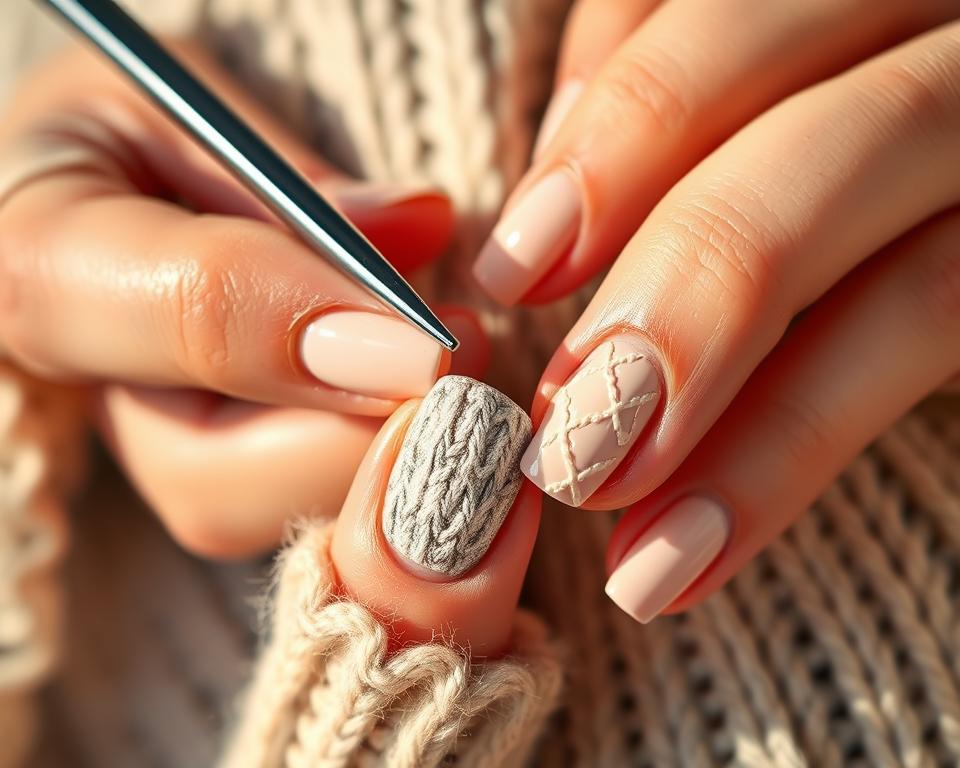 A step-by-step tutorial on how to create cozy, knitted nail art. Smooth, seamless brushstrokes in soft gray and cream hues depict a close-up view of hands carefully applying textured nail polish. Delicate, intricately woven patterns emerge, reminiscent of a knitted sweater. Warm studio lighting casts gentle shadows, highlighting the intricate details. The scene conveys a sense of tranquility and personal care, perfect for a how-to guide on DIY sweater nails.
