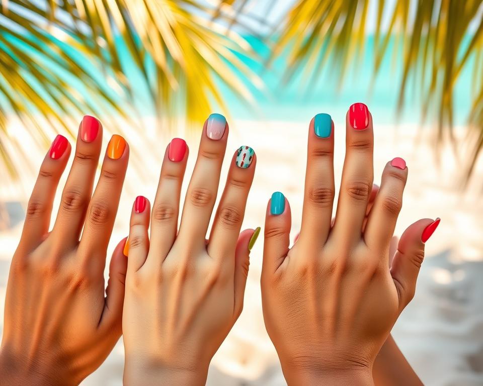 A vibrant summer beach scene with a close-up of several perfectly manicured hands showcasing a variety of trendy nail polish colors. The nails are shaped and painted in the latest fashion, featuring a mix of solid hues, ombre gradients, and intricate nail art designs. The hands are placed against a backdrop of soft, blurred tropical foliage and sand, creating a serene, sun-drenched atmosphere. Warm, diffused lighting emphasizes the glossy, vibrant nail polish shades, which range from bright coral and turquoise to subtle pastels and metallic accents. The overall composition highlights the popularity and diversity of fashionable nail styles for the summer vacation season.