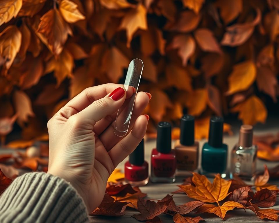 A warm, autumnal still life showcasing the essentials of nail care. In the foreground, a woman's well-manicured hands delicately hold a glass nail file, its smooth curves reflecting the soft lighting. Surrounding them, an array of nail polishes in rich, earthy tones - burnt orange, deep crimson, forest green - arranged artfully. In the background, a lush, textured backdrop of falling leaves in shades of ochre and sienna, hinting at the seasonal transition. The overall mood is one of tranquility and care, inviting the viewer to take a moment to nourish and nurture their nails as the weather turns cool. A warm, autumnal still life showcasing the essentials of nail care. In the foreground, a woman's well-manicured hands delicately hold a glass nail file, its smooth curves reflecting the soft lighting. Surrounding them, an array of nail polishes in rich, earthy tones - burnt orange, deep crimson, forest green - arranged artfully. In the background, a lush, textured backdrop of falling leaves in shades of ochre and sienna, hinting at the seasonal transition. The overall mood is one of tranquility and care, inviting the viewer to take a moment to nourish and nurture their nails as the weather turns cool.
