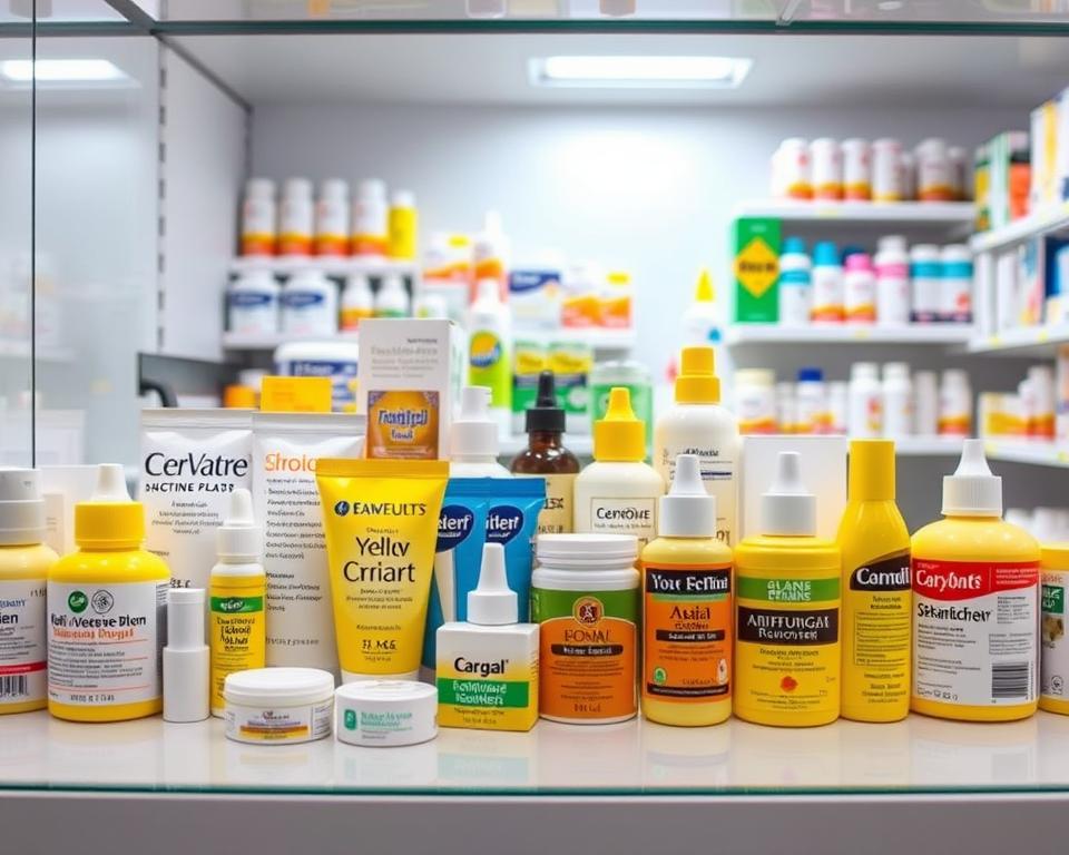 A well-lit pharmacy shelf displays an assortment of products for treating yellow, discolored nails. In the foreground, various topical ointments, antifungal creams, and nail polish removers are neatly arranged, their labels clearly visible. The middle ground features a selection of oral supplements and nail treatments, while the background showcases other pharmaceutical items. The lighting is soft and diffused, creating a warm, inviting atmosphere that highlights the products' vibrant yellow hues. The overall composition emphasizes the variety of solutions available to address the issue of yellow, unhealthy-looking nails.
