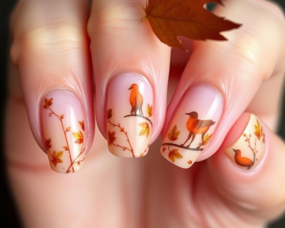 Autumn-inspired nail art with captivating animal motifs. Delicate, intricate patterns adorn the nails, capturing the essence of the season. Warm, earthy tones blend seamlessly, creating a harmonious and visually striking design. Subtle details, such as leaves, feathers, or small wildlife silhouettes, add depth and interest. The nails are presented in a flattering, natural lighting that highlights the intricate textures and colors. An elegant and sophisticated aesthetic that perfectly encapsulates the beauty of the autumn season. Autumn-inspired nail art with captivating animal motifs. Delicate, intricate patterns adorn the nails, capturing the essence of the season. Warm, earthy tones blend seamlessly, creating a harmonious and visually striking design. Subtle details, such as leaves, feathers, or small wildlife silhouettes, add depth and interest. The nails are presented in a flattering, natural lighting that highlights the intricate textures and colors. An elegant and sophisticated aesthetic that perfectly encapsulates the beauty of the autumn season.
