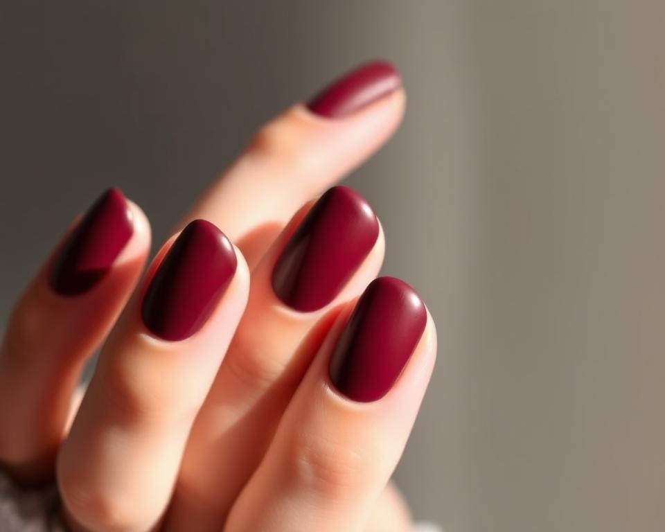 Delicate burgundy matte nails with an elegant, sophisticated finish. Soft lighting casts gentle shadows, highlighting the smooth, velvety texture of the nailbed. The nails are perfectly groomed, with a subtly rounded shape that enhances the natural elegance. The color is a deep, rich burgundy, creating a striking yet refined appearance. The matte surface adds depth and dimension, exuding an air of understated luxury. Captured in a close-up view, the nails occupy the central focus, framed by a clean, minimal background that allows the beauty of the manicure to shine. Delicate burgundy matte nails with an elegant, sophisticated finish. Soft lighting casts gentle shadows, highlighting the smooth, velvety texture of the nailbed. The nails are perfectly groomed, with a subtly rounded shape that enhances the natural elegance. The color is a deep, rich burgundy, creating a striking yet refined appearance. The matte surface adds depth and dimension, exuding an air of understated luxury. Captured in a close-up view, the nails occupy the central focus, framed by a clean, minimal background that allows the beauty of the manicure to shine.