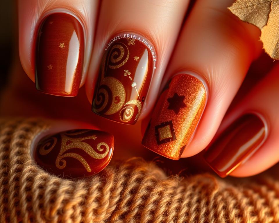 Detailed autumn-inspired manicure with rich brown nail polish, featuring an array of stylish designs. Close-up shot highlighting the intricate patterns and textures, such as swirls, geometric shapes, and subtle accents. Soft, warm lighting illuminates the nails, creating a cozy, inviting atmosphere. The image should convey a sense of seasonal elegance and inspiration for fall fashion and beauty looks.