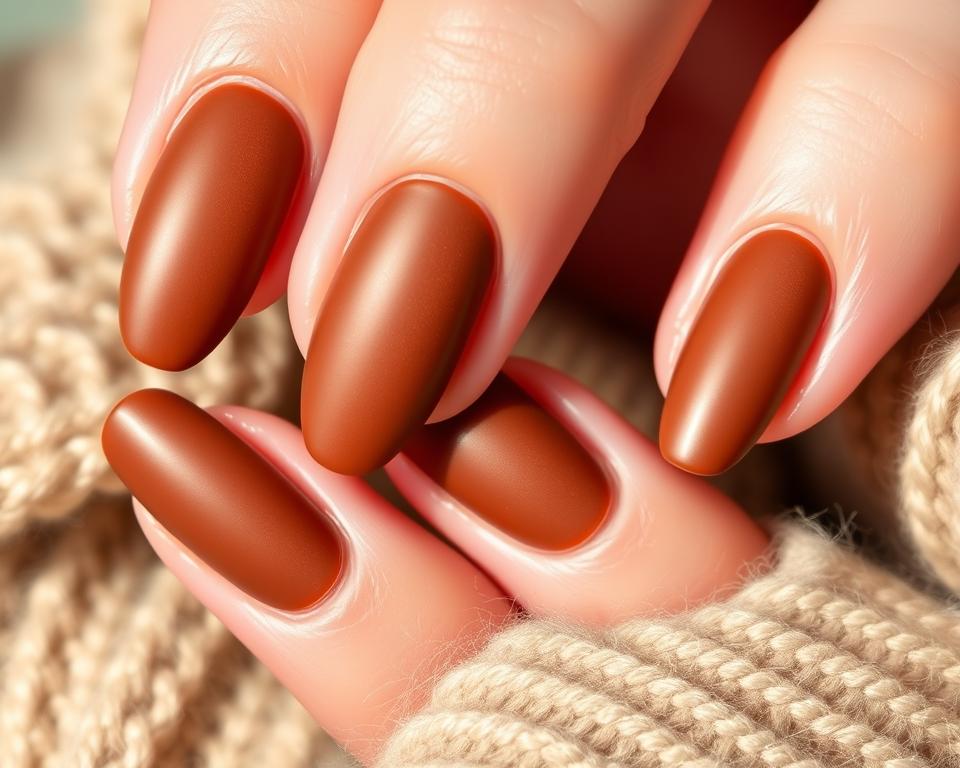 Detailed close-up of stylish autumn manicure with matte brown ombre nails. Soft natural lighting illuminates the intricate gradient textures and subtle nail art designs. The nails are shaped in a chic almond style, with a smooth, glossy finish accentuating the warm brown tones. The overall composition highlights the nuanced details and artistic techniques used to create this elegant, versatile nail look perfect for the fall season. Detailed close-up of stylish autumn manicure with matte brown ombre nails. Soft natural lighting illuminates the intricate gradient textures and subtle nail art designs. The nails are shaped in a chic almond style, with a smooth, glossy finish accentuating the warm brown tones. The overall composition highlights the nuanced details and artistic techniques used to create this elegant, versatile nail look perfect for the fall season.