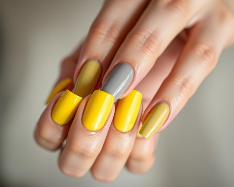 Detailed image of a person's hands with long, yellow nails painted with a gray nail polish that appears to be covering discoloration. The nails are positioned at an angle, capturing the light and shadows to emphasize the color and texture. The hands are well-manicured, with a soft, natural skin tone. The background is slightly blurred, keeping the focus on the nails and hands. The lighting is soft and diffused, creating a calming and professional atmosphere suitable for an article on nail care.