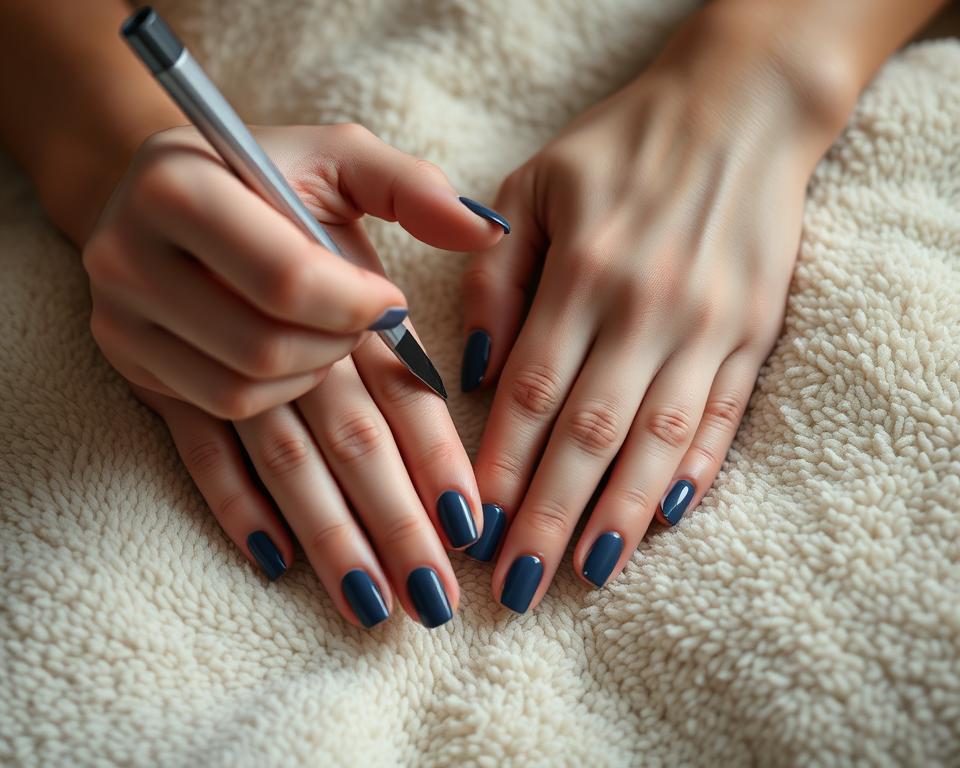 High-resolution close-up image of a person's hands preparing their nails for hybrid nail polish application. The hands are positioned on a soft, plush surface, possibly a towel or cushion, with a neutral, beige or ivory color. The nails are clean, filed, and buffed, ready for the hybrid polish. The lighting is soft and diffused, creating a warm, intimate atmosphere. The focus is on the detailed preparation process, with each step - cleaning, filing, buffing - clearly visible. The image conveys a sense of care and attention to detail in the pre-application stage, setting the stage for the application of the navy blue hybrid polish. High-resolution close-up image of a person's hands preparing their nails for hybrid nail polish application. The hands are positioned on a soft, plush surface, possibly a towel or cushion, with a neutral, beige or ivory color. The nails are clean, filed, and buffed, ready for the hybrid polish. The lighting is soft and diffused, creating a warm, intimate atmosphere. The focus is on the detailed preparation process, with each step - cleaning, filing, buffing - clearly visible. The image conveys a sense of care and attention to detail in the pre-application stage, setting the stage for the application of the navy blue hybrid polish.