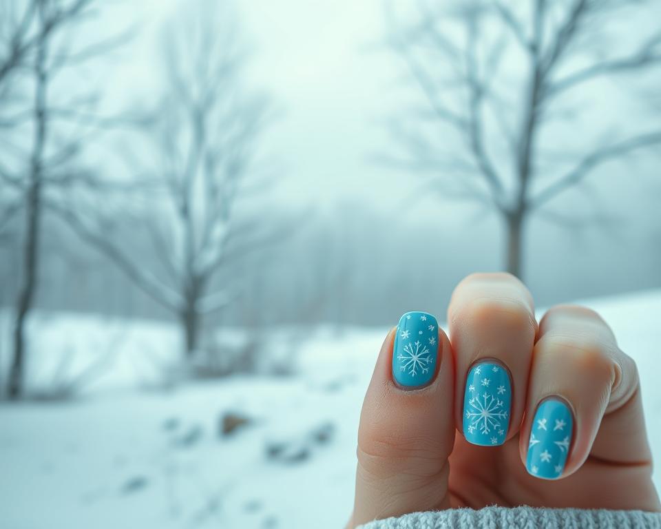 Winter nail inspirations captured in a serene, icy scene. The foreground features a set of delicately manicured nails with intricate snowflake designs in shades of blue, evoking the winter wonderland theme. The middle ground showcases a soft-focus, misty landscape with bare trees and a dusting of snow, creating a sense of tranquility. The background is filled with a gradient of cool, muted tones, reminiscent of a winter sky. The lighting is soft and diffused, casting a gentle, ethereal glow over the entire composition. The angle is slightly elevated, allowing the viewer to appreciate the artistic details of the nails while maintaining a sense of depth and context within the scene. Winter nail inspirations captured in a serene, icy scene. The foreground features a set of delicately manicured nails with intricate snowflake designs in shades of blue, evoking the winter wonderland theme. The middle ground showcases a soft-focus, misty landscape with bare trees and a dusting of snow, creating a sense of tranquility. The background is filled with a gradient of cool, muted tones, reminiscent of a winter sky. The lighting is soft and diffused, casting a gentle, ethereal glow over the entire composition. The angle is slightly elevated, allowing the viewer to appreciate the artistic details of the nails while maintaining a sense of depth and context within the scene.