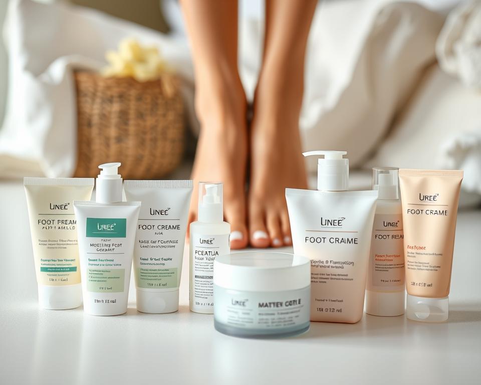 A beautifully lit close-up shot of a woman's feet and lower legs, showcasing a variety of foot creams and lotions infused with urea. The foreground features a selection of moisturizing foot care products in soft pastel hues, arranged artfully against a smooth, clean surface. In the middle ground, the woman's freshly pedicured feet are visible, with neatly trimmed and polished toenails. The background is a serene, out-of-focus setting, creating a sense of tranquility and self-care. The overall mood is one of relaxation and indulgence, inviting the viewer to imagine the soothing experience of caring for one's feet after a long day.