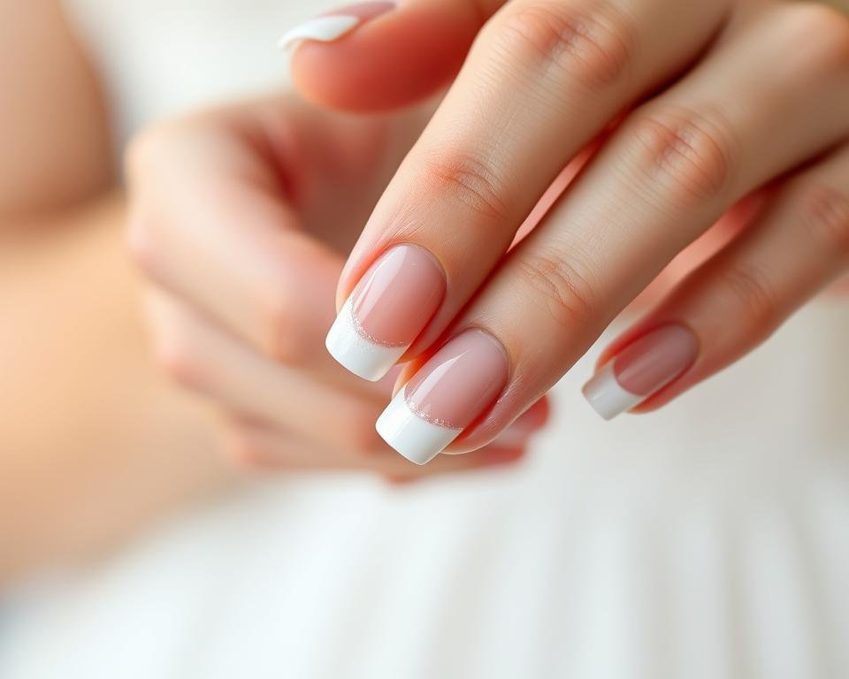 A beautifully lit close-up shot of delicate, perfectly manicured nails showcasing the classic French manicure style, a timeless wedding nail trend. The nails have a pristine, natural base with a crisp, clean white tip. Subtle shimmer or pearlesence adds a touch of elegance. The hands are gently posed, capturing the graceful femininity of the nails. The lighting is soft and diffused, creating a glowing, ethereal effect. The background is blurred, keeping the focus solely on the exquisite, flawlessly executed French manicure.