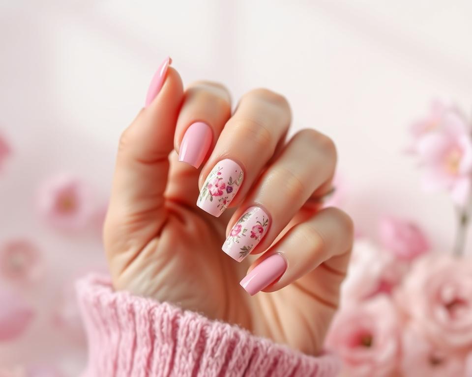 A beautifully manicured hand with neatly painted pink nails, showcasing a variety of intricate nail art designs. The nails feature delicate floral patterns, shimmering accents, and a soft gradient effect transitioning from light to deep pink hues. The hand is captured in a natural, slightly angled lighting that accentuates the texture and depth of the nail designs. The background is a serene, pastel-toned environment, creating a calming and inspirational atmosphere. The overall composition evokes a sense of femininity, elegance, and creativity, perfectly capturing the essence of the "Rodzaje Różowych Paznokci" section.