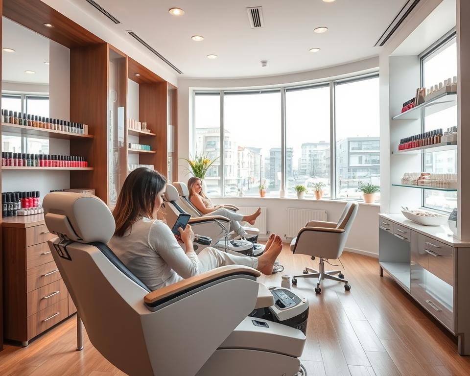 A bright, airy professional pedicure salon in Poland, with sleek modern furnishings and soothing decor. The foreground features a comfortable pedicure chair, with a client's feet being tended to by a skilled technician. The middle ground showcases various nail polish colors and nail care products, artfully displayed on shelves. The background reveals a large window, letting in natural light and offering a glimpse of the bustling city outside. The overall atmosphere is one of relaxation and pampering, creating an inviting space for summer foot treatments.