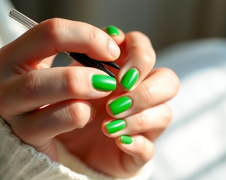 A close-up of a woman's manicured hands, gently applying a vibrant green nail polish. The nails are well-shaped and groomed, with a natural matte finish. Soft, diffused lighting from the side creates subtle shadows and highlights the curves of the fingers. The background is slightly blurred, keeping the focus on the intricate process of nail care. The overall mood is one of calm, attentive dedication to the ritual of nail pampering, conveying the importance of proper maintenance for healthy, stylish green nails. A close-up of a woman's manicured hands, gently applying a vibrant green nail polish. The nails are well-shaped and groomed, with a natural matte finish. Soft, diffused lighting from the side creates subtle shadows and highlights the curves of the fingers. The background is slightly blurred, keeping the focus on the intricate process of nail care. The overall mood is one of calm, attentive dedication to the ritual of nail pampering, conveying the importance of proper maintenance for healthy, stylish green nails.