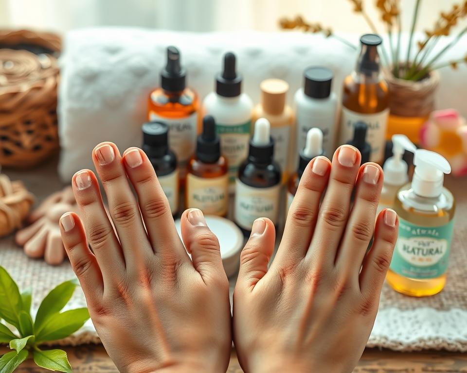 A close-up scene showcasing various common nail problems and their solutions. In the foreground, a set of hands reveals different nail issues like discoloration, brittleness, and ingrown nails. The middle ground features an array of natural nail care products such as moisturizers, nail files, and cuticle oils. The background depicts a serene, soft-focus setting, perhaps a spa-like environment, suggesting a relaxing and rejuvenating experience. Warm, natural lighting illuminates the scene, highlighting the texture and details of the nails and products. The overall mood is one of understanding, care, and effective solutions for maintaining healthy, natural-looking nails.