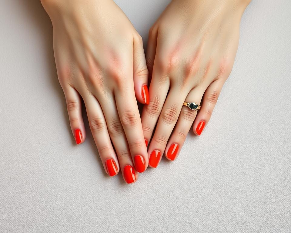 A close-up shot of a woman's hands, carefully manicured with vibrant hybrid nail polish. The nails are painted in a striking yet natural color, with a glossy finish that catches the soft, diffused light. The cuticles are well-groomed, and the skin around the nails is hydrated and supple. The hands are positioned on a clean, neutral-colored surface, creating a minimalist, high-quality aesthetic. The overall composition emphasizes the beauty and health of the nails, showcasing the attention to detail and care that goes into post-styling nail maintenance.