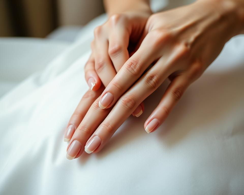 A close-up shot of a woman's hands gently grooming her nails before her wedding day. The nails are being carefully trimmed, filed, and buffed to a flawless, natural shine. The skin around the nails is being softly exfoliated, the cuticles meticulously pushed back. Soft, diffused lighting illuminates the delicate process, casting a warm, serene glow. The background is out of focus, allowing the hands to be the sole focus, conveying the importance and care put into this pre-wedding ritual. The overall mood is one of tranquility, anticipation, and attention to detail - a thoughtful preparation for the big day ahead.