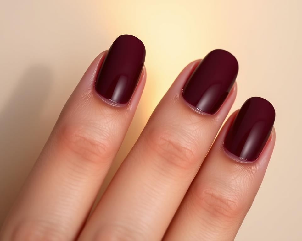 A close-up shot of elegantly manicured, deep burgundy nails against a soft, neutral background. The nails are perfectly shaped, with a glossy, high-shine finish that catches the gentle, warm lighting from an unseen source, creating subtle highlights and shadows that accentuate their luxurious hue. The composition emphasizes the nails' graceful curves and attention to detail, conveying a sense of refined self-care and indulgence. The overall mood is one of understated sophistication and tranquility, reflecting the care and dedication required to maintain the beauty of these stunning, bordeaux-toned talons.