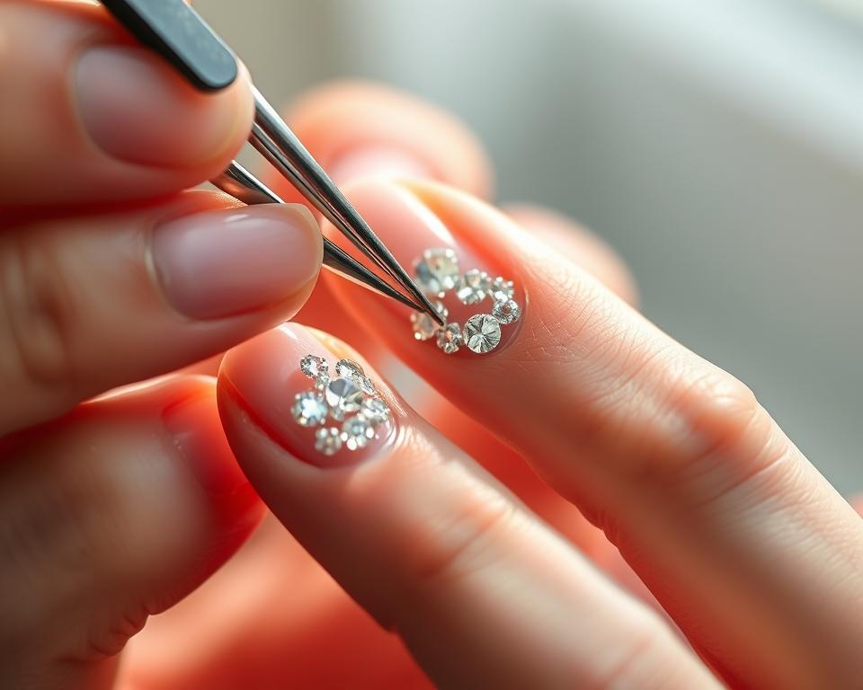 A closeup view of a person's hand delicately applying sparkling cubic zirconia crystals to their nails, creating a dazzling and intricate nail art design. The nails are carefully prepped, the crystals are precisely positioned with tweezers, and the lighting casts a soft, radiant glow, highlighting the faceted brilliance of the gems. The model's fingers are steady and their movements are graceful, showcasing the skilled technique of applying this type of nail embellishment. The background is slightly blurred, keeping the focus squarely on the intricate process of decorating the nails with the shimmering zirconia crystals. A closeup view of a person's hand delicately applying sparkling cubic zirconia crystals to their nails, creating a dazzling and intricate nail art design. The nails are carefully prepped, the crystals are precisely positioned with tweezers, and the lighting casts a soft, radiant glow, highlighting the faceted brilliance of the gems. The model's fingers are steady and their movements are graceful, showcasing the skilled technique of applying this type of nail embellishment. The background is slightly blurred, keeping the focus squarely on the intricate process of decorating the nails with the shimmering zirconia crystals.
