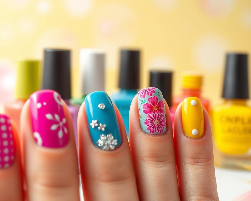 A closeup view of colorful, artfully decorated summer nails against a bright, cheerful backdrop. In the foreground, intricate nail designs in vibrant hues of pink, blue, and yellow, featuring delicate floral patterns, shimmering glitter, and playful polka dots. The middle ground showcases a selection of nail polish bottles in a range of summery shades, while the background blends soft, pastel tones for a serene, sun-kissed atmosphere. Captured with a macro lens, the image highlights the intricate textures and attention to detail in the nail art, conveying a sense of creativity, joy, and the spirit of the summer season. A closeup view of colorful, artfully decorated summer nails against a bright, cheerful backdrop. In the foreground, intricate nail designs in vibrant hues of pink, blue, and yellow, featuring delicate floral patterns, shimmering glitter, and playful polka dots. The middle ground showcases a selection of nail polish bottles in a range of summery shades, while the background blends soft, pastel tones for a serene, sun-kissed atmosphere. Captured with a macro lens, the image highlights the intricate textures and attention to detail in the nail art, conveying a sense of creativity, joy, and the spirit of the summer season.