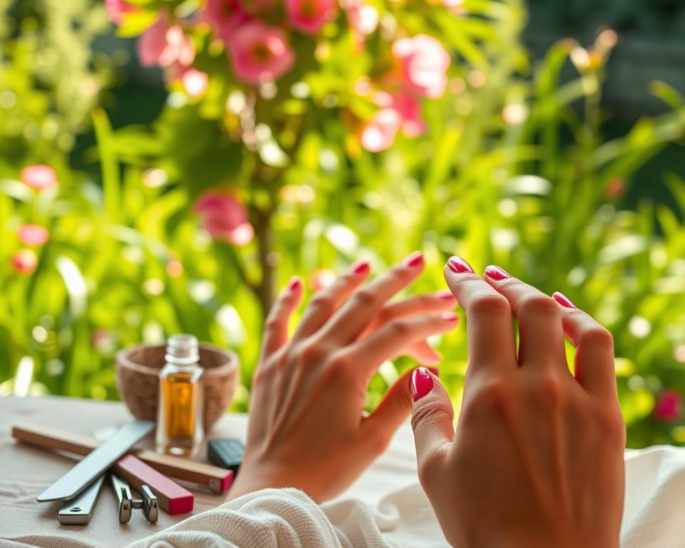 A cozy summer day, sun-drenched nails against a lush, verdant background. In the foreground, a woman's hands delicately tending to her well-manicured nails, applying a shimmering, vibrant polish. The lighting is soft and diffused, creating a warm, inviting atmosphere. In the middle ground, a selection of nail care tools - emery boards, cuticle trimmers, and a small bottle of cuticle oil - arranged neatly. The background features a lush, verdant garden, with swaying leaves and petals catching the gentle breeze. The scene evokes a sense of relaxation, self-care, and the joys of the summer season. A cozy summer day, sun-drenched nails against a lush, verdant background. In the foreground, a woman's hands delicately tending to her well-manicured nails, applying a shimmering, vibrant polish. The lighting is soft and diffused, creating a warm, inviting atmosphere. In the middle ground, a selection of nail care tools - emery boards, cuticle trimmers, and a small bottle of cuticle oil - arranged neatly. The background features a lush, verdant garden, with swaying leaves and petals catching the gentle breeze. The scene evokes a sense of relaxation, self-care, and the joys of the summer season.
