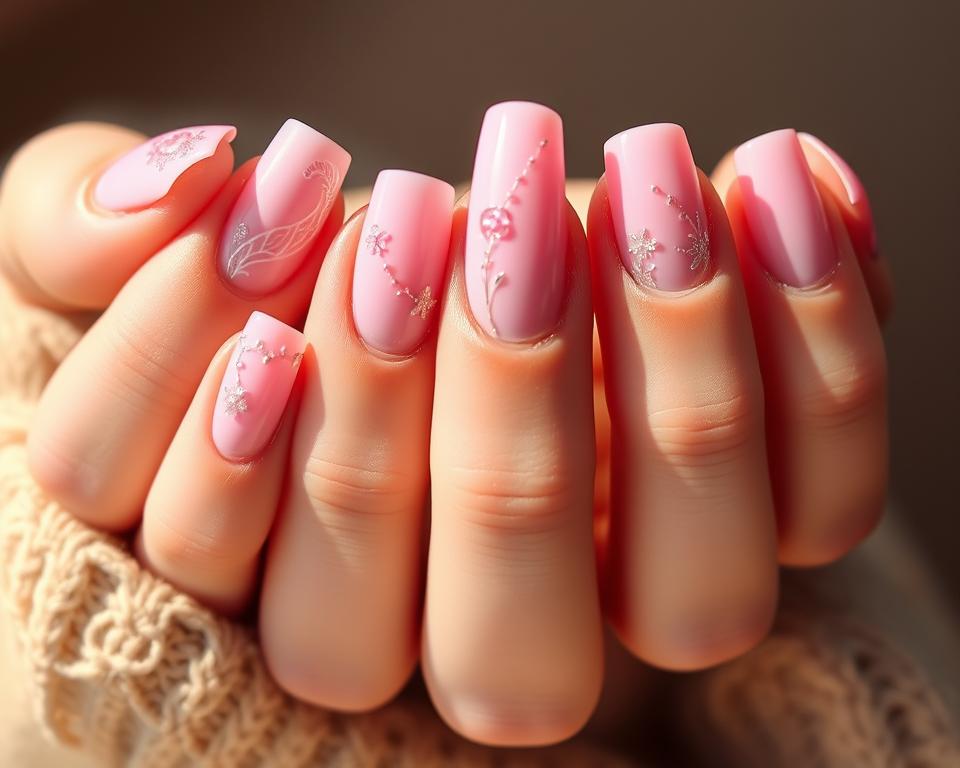 A delicate array of pink fingernails, each a unique work of art. Soft, pastel hues blend seamlessly, creating a harmonious palette that exudes femininity and grace. Intricate designs dance across the nails, from subtle floral patterns to shimmering, abstract motifs. Captured in a warm, natural lighting that casts a gentle glow, highlighting the dimensional texture and the glossy finish. The nails are framed against a backdrop of muted, earthy tones, allowing the vibrant pinks to take center stage. This image captures the essence of the "Inspiracje na Różowe Paznokcie" section, inspiring the viewer to explore the endless possibilities of vibrant, yet elegant, manicure designs.