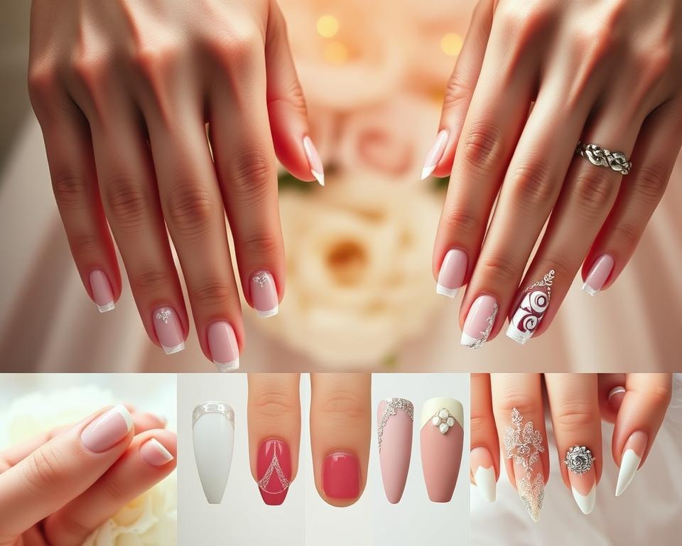 A delicate collage of intricate nail designs, gracefully showcasing the versatility of bridal styles. In the foreground, a soft-focus capture of meticulously manicured hands, each nail adorned with subtle floral patterns, lace embellishments, and shimmering metallic accents. The middle ground reveals a variety of wedding-inspired motifs, from classic French tips to bold, angular geometrics, all harmoniously composed. In the background, a dreamy, pastel-hued backdrop evokes the romantic ambiance of a refined, elegant wedding ceremony. Warm, diffused lighting gently illuminates the scene, creating a sense of timeless elegance and feminine sophistication.