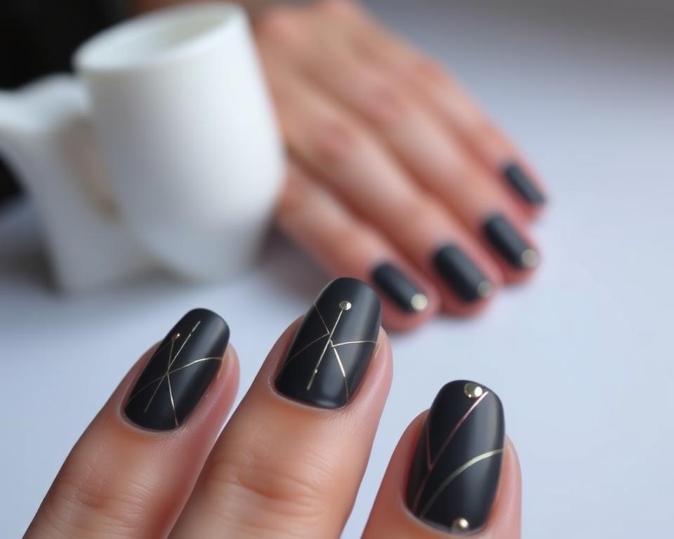 A finely crafted manicure showcasing a range of intricate, contemporary nail art designs on a canvas of dark, slate-gray nails. The foreground captures the exquisite details - delicate lines, subtle geometric patterns, and a touch of metallic accents that subtly catch the light. The middle ground highlights the natural, well-groomed nail beds, while the background suggests a softly-lit, minimalist setting, allowing the focus to remain on the striking nail art. The overall mood is one of understated elegance and modern sophistication, perfectly complementing the trends for deep, charcoal-toned nails in the year 2023. A finely crafted manicure showcasing a range of intricate, contemporary nail art designs on a canvas of dark, slate-gray nails. The foreground captures the exquisite details - delicate lines, subtle geometric patterns, and a touch of metallic accents that subtly catch the light. The middle ground highlights the natural, well-groomed nail beds, while the background suggests a softly-lit, minimalist setting, allowing the focus to remain on the striking nail art. The overall mood is one of understated elegance and modern sophistication, perfectly complementing the trends for deep, charcoal-toned nails in the year 2023.