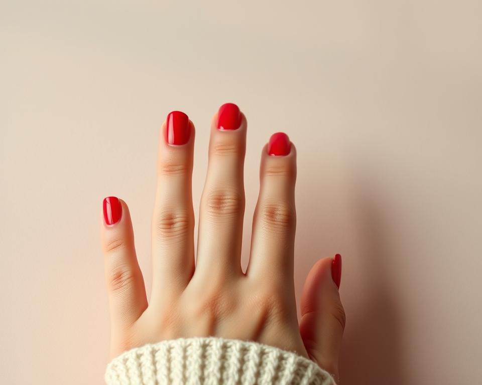 A meticulously manicured hand, nails painted in a vibrant crimson hue, rests against a soft, neutral background. The hybrid nail polish reflects the light, creating a smooth, glossy finish. The nails are perfectly shaped and trimmed, exuding a sense of grooming and care. The lighting is gentle, casting a warm, ambient glow that enhances the richness of the red color. The composition emphasizes the hands, drawing the viewer's attention to the intricate details of the well-maintained nails, showcasing the proper techniques for caring for and maintaining red hybrid nail polish.
