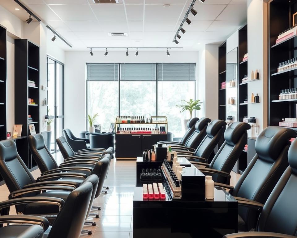 A professional nail salon interior with modern, minimalist decor. The foreground features a row of sleek, black manicure stations with chrome accents, each equipped with a comfortable chair. The middle ground showcases a display of various nail polish bottles in a range of chic, trendy colors, complemented by a selection of nail care products. The background depicts a serene, well-lit space with large windows, allowing natural light to flood the room and create a warm, inviting atmosphere. The overall scene conveys a sense of high-end sophistication and attention to detail, setting the stage for a luxurious hybrid nail styling experience.