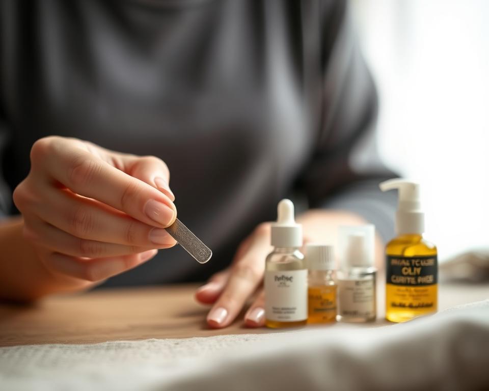 A serene close-up of a woman's hands gently caring for her natural nails. The lighting is soft and diffused, highlighting the delicate texture and shape of the nails. In the foreground, we see the woman's fingers tenderly applying a nail file, carefully shaping and smoothing the edges. The middle ground features a selection of natural nail care products, such as cuticle oil and moisturizer, arranged neatly. The background is blurred, creating a sense of focus and calm. The overall mood is one of mindfulness and self-care, emphasizing the importance of properly maintaining healthy, natural nails.