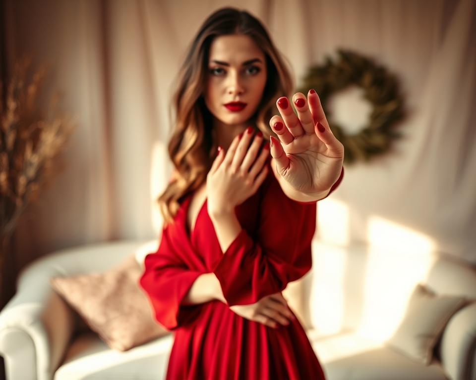A stylish woman poses confidently, her crimson nails gleaming in the soft, warm lighting. She wears a flowing, ruby-red dress, its fabric subtly accentuating her figure. In the background, a cozy, intimate setting unfolds, with muted tones and soft textures creating a serene, inviting atmosphere. The lighting casts a gentle, flattering glow, highlighting the intricate details of her manicured nails and the elegant silhouette of her outfit. The overall scene exudes a sense of effortless sophistication and feminine charm, perfectly capturing the essence of "Czerwone paznokcie w stylizacji".