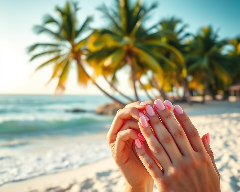 A tranquil, sun-drenched beach scene. In the foreground, a woman's well-manicured hands delicately apply a gel topcoat to her vibrant hybrid nails, the pastel polish reflecting the soft, warm lighting. The middle ground reveals a serene ocean view, with gentle waves lapping at the pristine white sand. In the background, a lush, verdant palm grove sways in a gentle breeze, creating a sense of tropical tranquility. The overall mood is one of relaxation and pampering, highlighting the importance of proper nail care even during a vacation getaway.