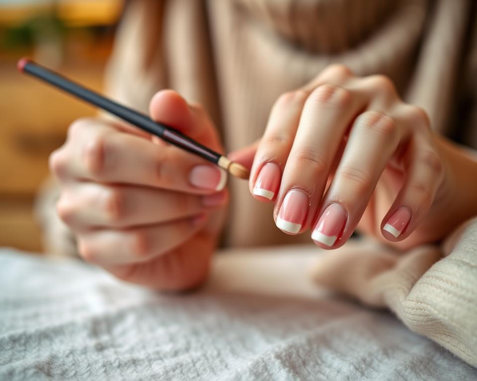 A vibrant and detailed close-up of a woman's hands meticulously applying a colorful French manicure at home. The nails are in the foreground, the fingers grasping a small brush and delicately painting the tips in a gradient of soft pastels. The background is slightly blurred, but suggests a cozy domestic setting - perhaps a wooden table or a fabric surface. The lighting is soft and warm, creating a serene, intimate atmosphere. The overall focus is on the skilled, careful application of the manicure, capturing the step-by-step process of achieving a professional-looking, at-home French nail design.