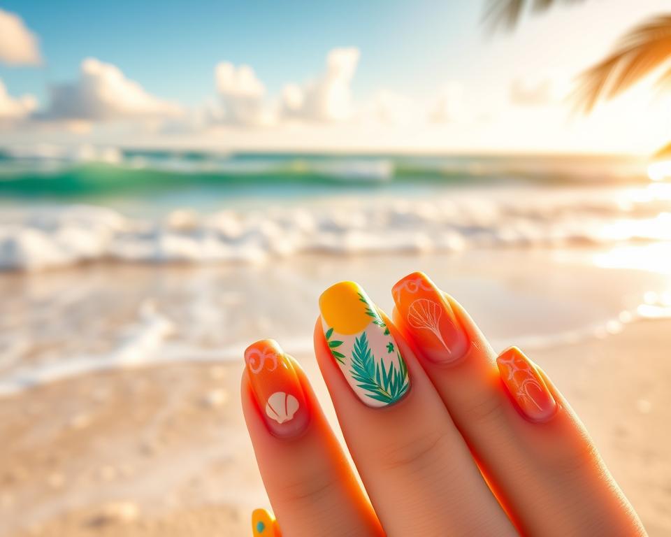 A vibrant and sun-kissed beach scene, with a serene ocean in the background, rolling waves lapping gently at the shore. In the foreground, a set of elegant and playfully designed summer nails, featuring a palette of tropical colors - vibrant turquoise, sunny yellow, and soft coral. The nails are adorned with intricate patterns, inspired by seashells, palm leaves, and dazzling sunsets. The lighting is warm and natural, casting a golden glow over the scene, evoking a sense of relaxation and holiday bliss. The overall composition captures the essence of a dreamy, carefree summer vacation, perfectly suited to inspire unique and captivating nail art designs. A vibrant and sun-kissed beach scene, with a serene ocean in the background, rolling waves lapping gently at the shore. In the foreground, a set of elegant and playfully designed summer nails, featuring a palette of tropical colors - vibrant turquoise, sunny yellow, and soft coral. The nails are adorned with intricate patterns, inspired by seashells, palm leaves, and dazzling sunsets. The lighting is warm and natural, casting a golden glow over the scene, evoking a sense of relaxation and holiday bliss. The overall composition captures the essence of a dreamy, carefree summer vacation, perfectly suited to inspire unique and captivating nail art designs.